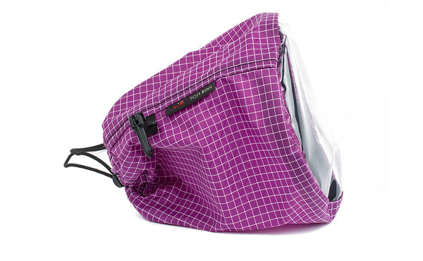 A medium, clear-bottom Yarn Stuff Sack in Ultraviolet (purple with white grid) 200 Halcyon.